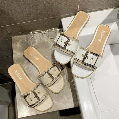Hot Sale Summer Women Slippers Fashion Slip on Flat Metal Buckle Women Shoes
