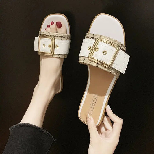 Hot Sale Summer Women Slippers Fashion Slip on Flat Metal Buckle Women Shoes