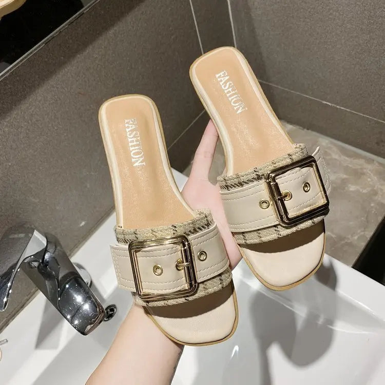Hot Sale Summer Women Slippers Fashion Slip on Flat Metal Buckle Women Shoes