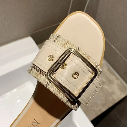 Hot Sale Summer Women Slippers Fashion Slip on Flat Metal Buckle Women Shoes