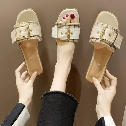 Hot Sale Summer Women Slippers Fashion Slip on Flat Metal Buckle Women Shoes